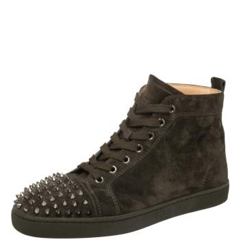 Pre Owned Christian Louboutin Olive Green Suede Lou Spikes High Top Sneakers Size 40.5