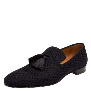 Pre Owned Christian Louboutin Navy Blue Woven Fabric Officialito Tassel Loafers Size 43