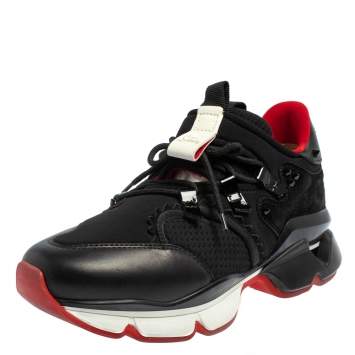 Pre Owned Christian Louboutin Black Leather And Neoprene Red Runner Low Top Sneakers Size 42.5
