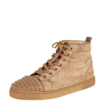 Pre Owned Christian Louboutin Beige Suede Spikes High Top Sneakers Size 42.5