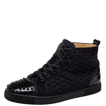 Pre Owned  Christian Louboutin Black Suede And Fabric Spike Embellished High Top Sneakers Size 42.5