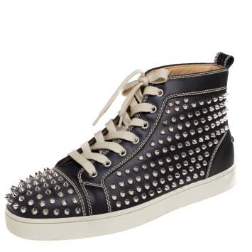 Pre Owned Christian Louboutin Black Leather Louis Orlato Spiked Sneakers Size 42.5