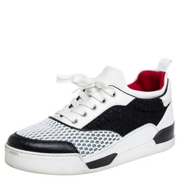 Pre Owned Christian Louboutin White/Black Fabric And Mesh Low Top Sneaker Size 42.5