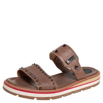 Pre Owned Christian Louboutin Brown Leather Spike And Chain Embellished Flat Sandals Size 45