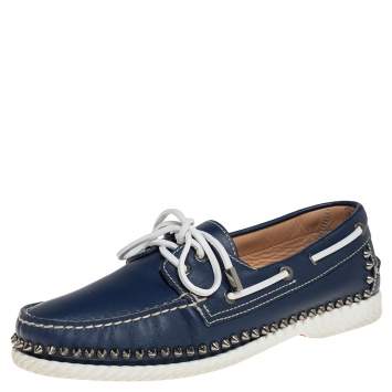 Pre Owned Christian Louboutin Blue Leather Steckel Spike Boat Loafers Size 41