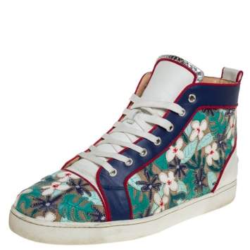 Pre Owned Christian Louboutin Multicolor Embroidered Suede and Leather Louis Patch High Top Sneakers Size 45