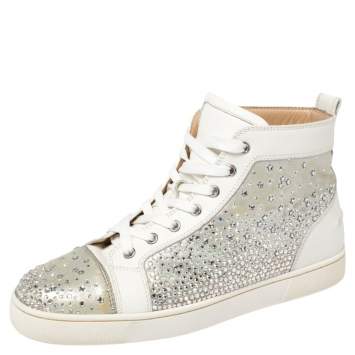 Pre Owned Christian Louboutin Silver/White Leather Rantus Crystal Embellished High Top Sneakers Size 41