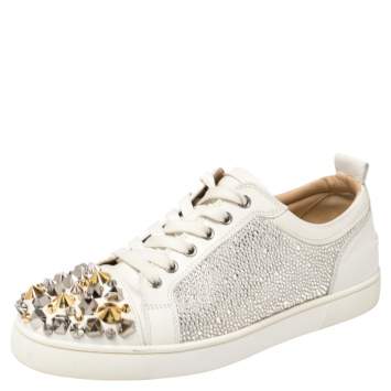 Pre Owned Christian Louboutin White Leather Louis Junior Mix Spikes And Crystal Embellished Sneakers Size 41.5