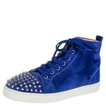 Pre Owned Christian Louboutin Blue Suede Lou Spikes High Top Sneakers Size 42.5