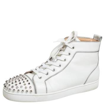 Pre Owned Christian Louboutin White Leather Lou Spiked Zipper Embellished  High Top Sneakers Size 44.5