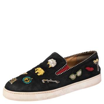 Pre Owned Christian Louboutin Black Embellished Suede Pik N Luck Slip-on Sneakers Size 42