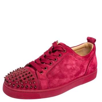 Pre Owned Christian Louboutin Fuchsia Suede Louis Junior Spikes Low Top Sneakers Size 41.5