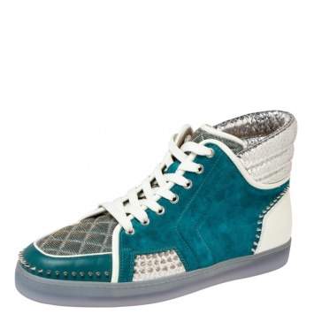 Pre Owned Christian Louboutin Blue/Silver Suede And Python Embossed Leather Louis Spike High Top Sneakers Size 44.5