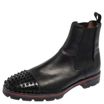 Pre Owned Christian Louboutin Black Leather Melon Spikes Ankle Boots Size 42