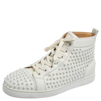 Pre Owned Christian Louboutin White/Metallic Gold Leather Louis Spikes High Top Sneakers Size 44