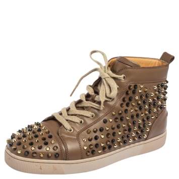 Pre Owned Christian Louboutin Brown Leather Louis Spikes High Top Sneakers Size 44