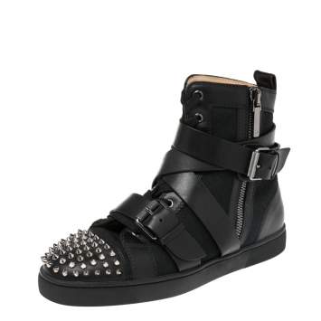 Pre Owned Christian Louboutin Black Canvas And Leather Snap Shoot Spikes Sneakers Size 41