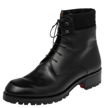 Pre Owned Christian Louboutin Black Leather And Stretch Knit Trapman Ankle Boots Size 45