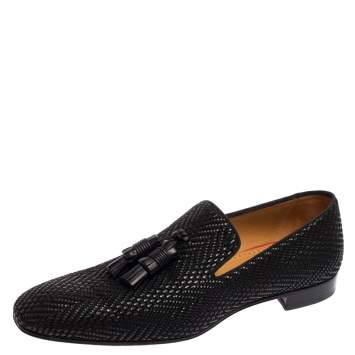 Pre Owned Christian Louboutin Black Woven Leather Dandelion Tassel Detail Loafers Size 46