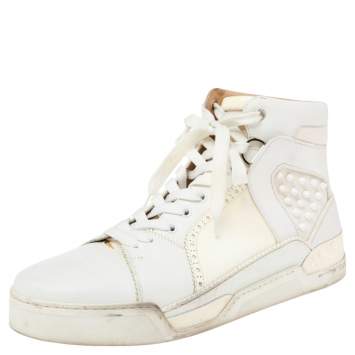 Pre Owned Christian Louboutin White Patent Leather And Leather Loubikick High Top Sneakers Size 45