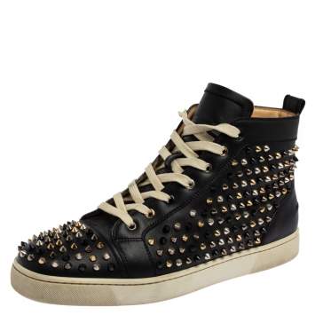 Pre Owned Christian Louboutin Black Leather Louis Orlato Spike Sneakers Size 45.5