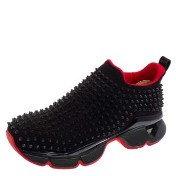 Pre Owned Christian Louboutin Black Neoprene Spike Sock Sneakers Size 42.5