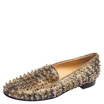 Pre Owned Christian Louboutin Gold/Blue Glitter Roller Boat Spiked Slip-On Loafers Size 40