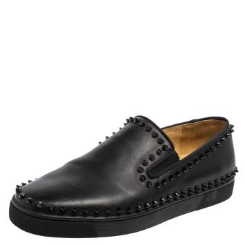 Pre Owned Christian Louboutin Black Leather Spike Pik Boat Slip-On Sneakers Size 42.5
