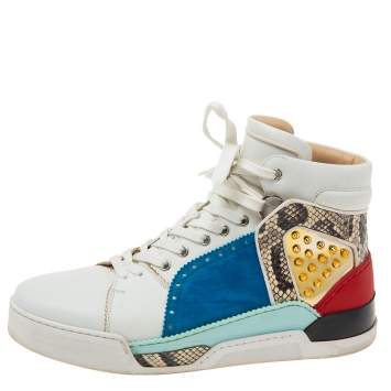 Pre Owned Christian Louboutin Multicolor Leather, Suede and Python Trim Loubikick High-Top Sneakers Size 43
