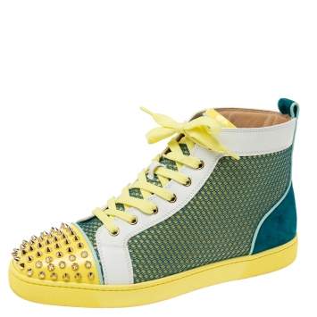Pre Owned Christian Louboutin Multicolor Mesh, Suede and Leather Lou Spikes Orlato High-Top Sneakers Size 42.5