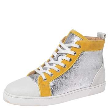 Pre Owned Christian Louboutin Tricolor Velvet and Crinkled Leather Louis High-Top Sneakers Size 43