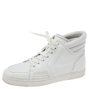 Pre Owned Christian Louboutin White Leather Studded High-Top Sneakers Size 43