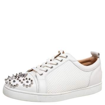 Pre Owned Christian Louboutin White Leather  And Mesh Louis Junior Spikes Low Top Sneakers Size 44