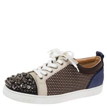 Pre Owned Christian Louboutin Tricolor Leather and Canvas Spikes Orlato Sneakers Size 43.5