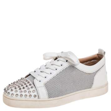 Pre Owned Christian Louboutin White Leather and Mesh Louis Junior Spike Sneakers Size 41
