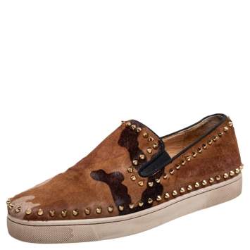 Pre Owned Christian Louboutin Tricolor Pony Hair Spike Pik Boat Slip On Sneakers Size 45