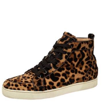 Pre Owned Christian Louboutin Brown Leopard Print Calf Hair Rantus Orlato High-Top Sneakers Size 43