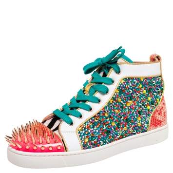 Pre Owned Christian Louboutin Multicolor Crystal Embellished Suede, Calf Hair and Patent Leather No Limit Spikes Cap-Toe Sneakers Size 42
