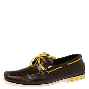 Pre Owned Christian Louboutin Brown/Yellow Leather Sail Boat Loafers Size 45