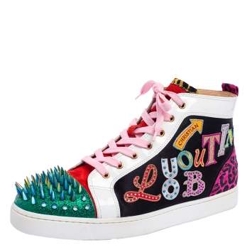 Pre Owned Christian Louboutin Multicolor Logo Suede, Patent Leather and Glitter Lou Spikes High-Top Sneakers Size 44