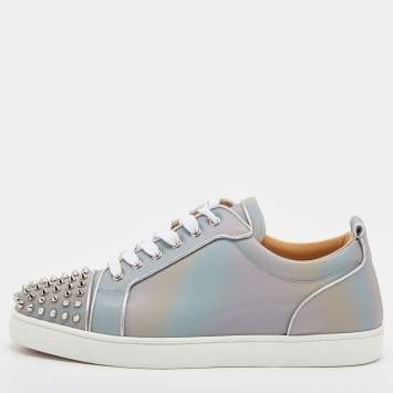 Pre Owned Christian Louboutin Grey Holographic Effect PVC Louis Junior Spikes Orlato Sneakers Size 45