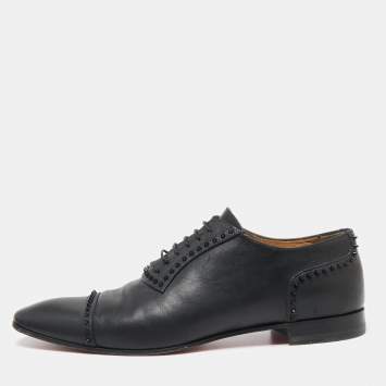 Pre Owned Christian Louboutin Black Leather Spike Lace-Up Oxfords Size 42.5