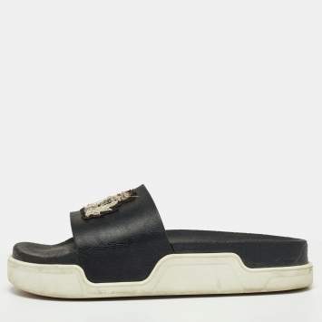 Pre Owned Christian Louboutin Black Leather Crest Slide Sandals Size 41.5