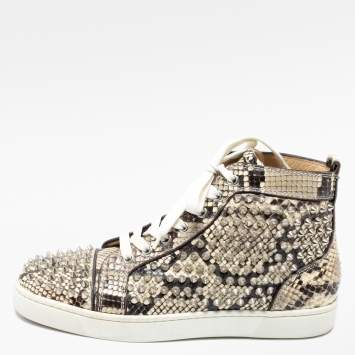 Pre Owned Christian Louboutin Beige Spike Python Louis High Top Sneakers Size 40