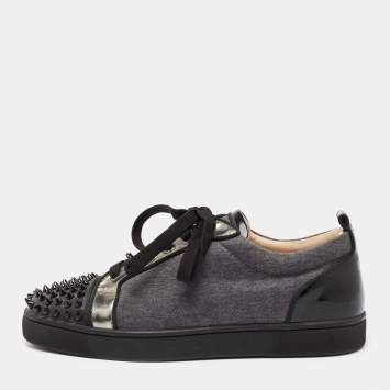 Pre Owned Christian Louboutin Grey/Black Fabric, Patent and Leather Junior Louis Spikes Low-Top Sneakers Size 40