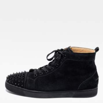 Pre Owned Christian Louboutin Black Suede Louis Junior Spikes High Top Sneakers  Size 45