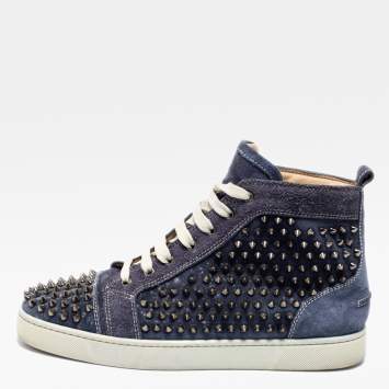 Pre Owned Christian Louboutin  Blue  Suede Louis Junior Spikes  High Top Sneakers Size 42