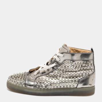 Pre Owned Christian Louboutin Silver Leather Louis Spikes High-Top Sneakers Size 44