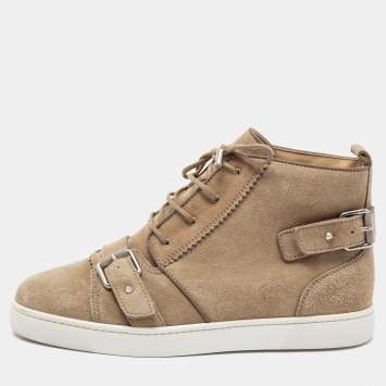 Pre Owned Christian Louboutin Beige Suede Nono Strap Reglisse High Top Sneakers Size 41 
