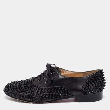 Pre Owned Christian Louboutin Black Leather Freddy Spikes Oxfords Size 41.5